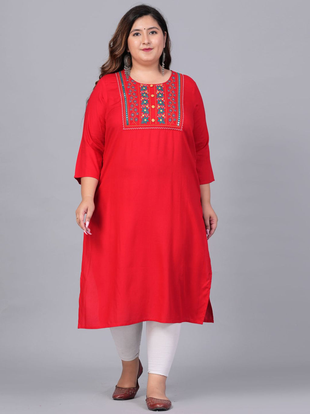 Sztori Plus Size Embroidered Yoke Design Round Neck Three-Quarter Sleeves Straight Kurta