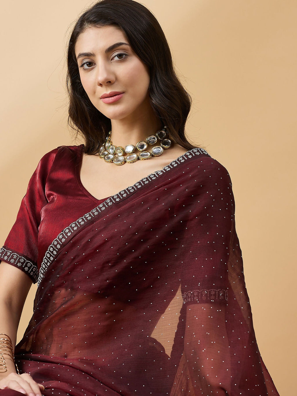 Brown Organza Swaroski Diamond Work Saree with Unstitched Blouse - Radha