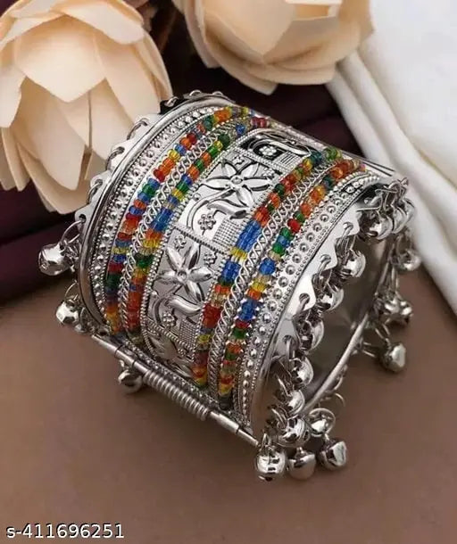 Tehzeeb Creations Women's Silver Colour Oxidised Bangle With Multi Colour Pearl