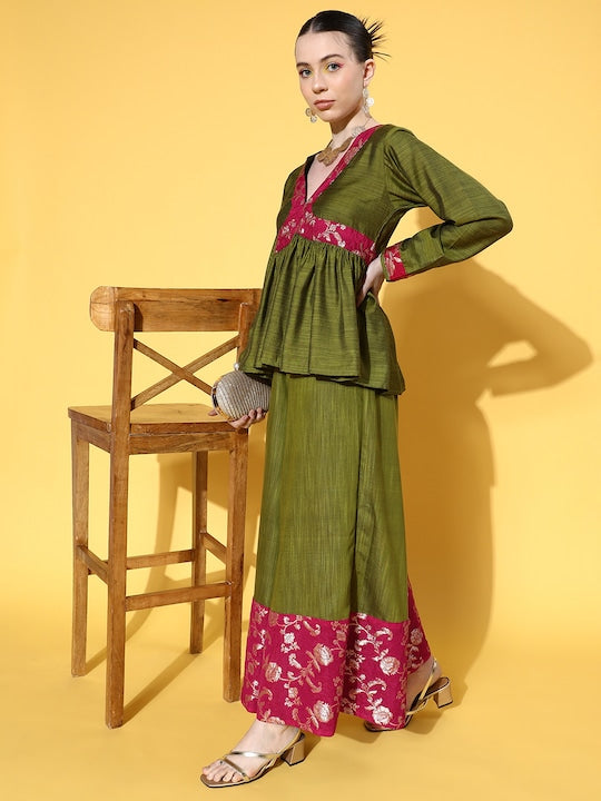InWeave Women's Olive Pink Brocade Mughal Shaan Kurta Palazzo Set