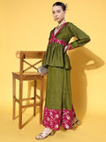 InWeave Women's Olive Pink Brocade Mughal Shaan Kurta Palazzo Set