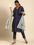 All About You Women Navy Blue Embroidered Regular Thread Work Kurta with Trousers