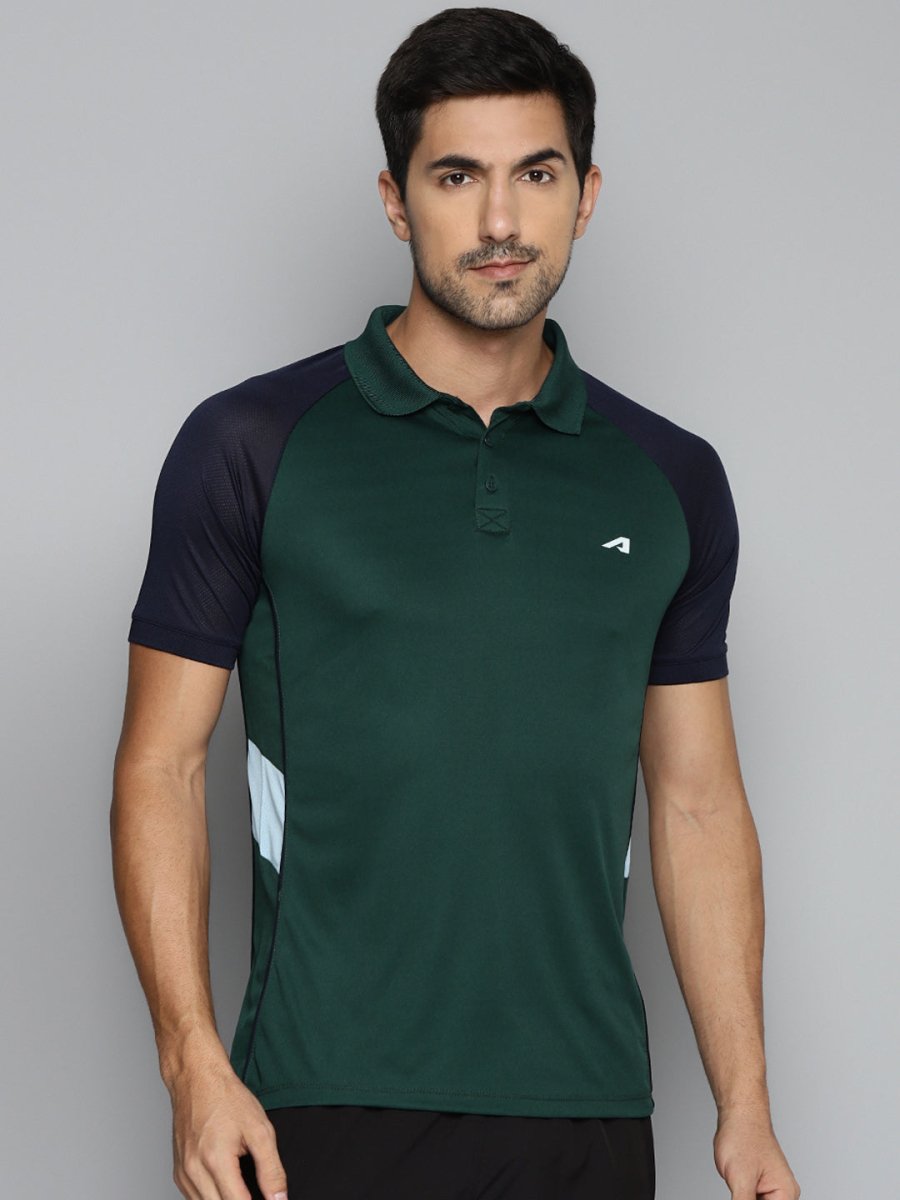 Alcis Men Green & Navy Blue Colourblocked Polo Collar Slim Fit Running T-shirt