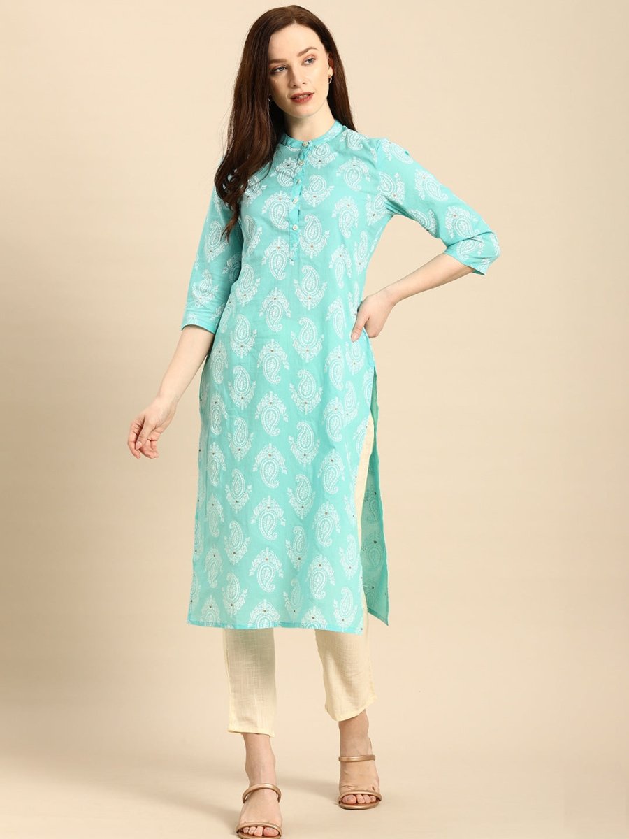 All About You Women Turquoise Blue & White Printed Pure Cotton Straight Kurta