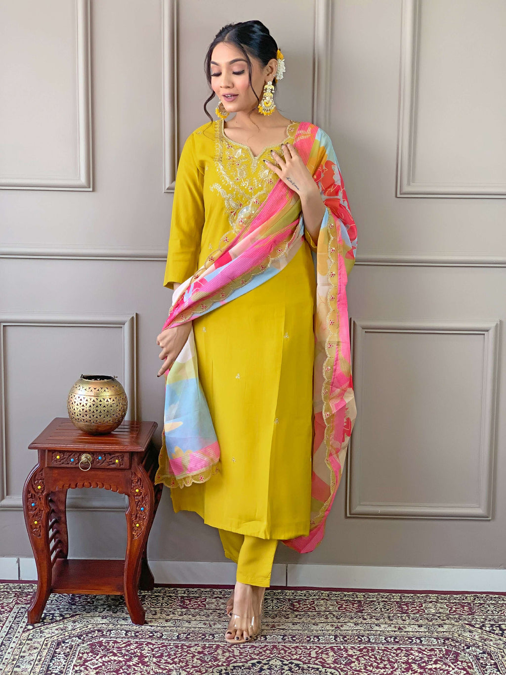 PartywearDesigner Viscose Yellow Stitched Suit With Dupatta - Tanisha
