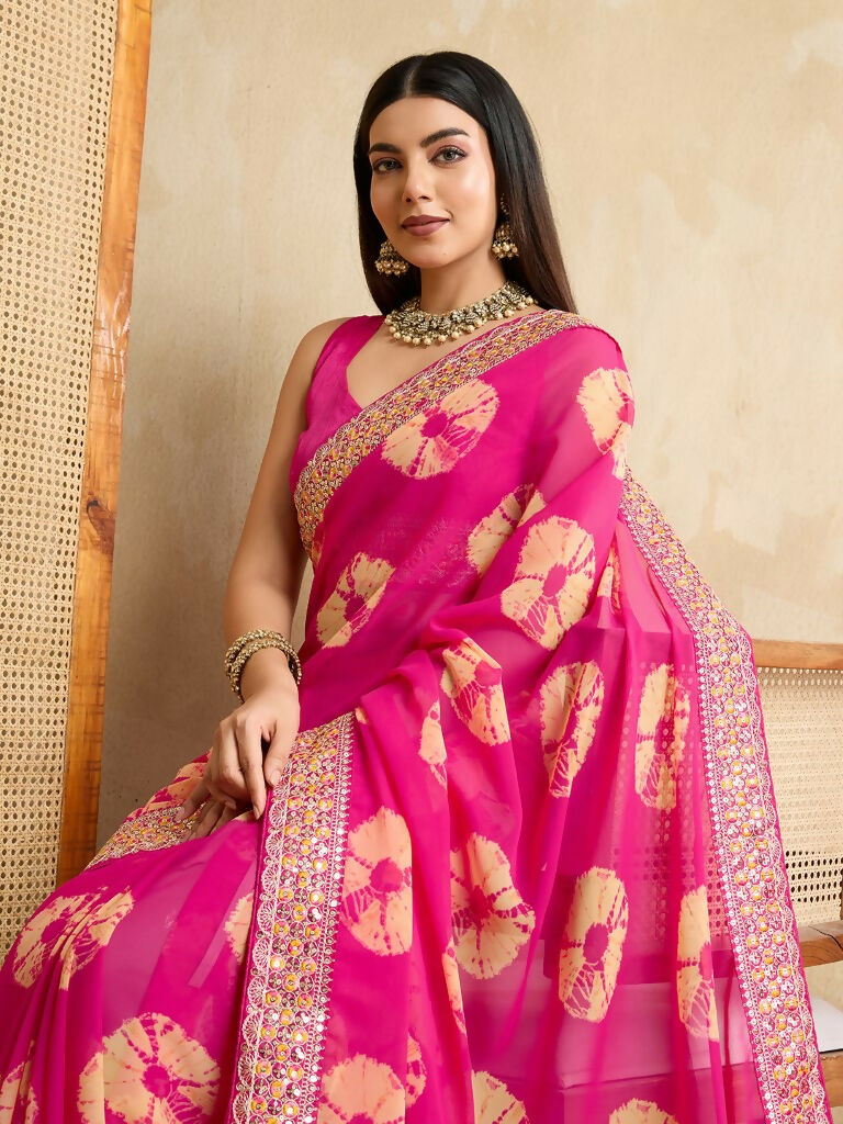 Pink Georgette Printed Designer, Embroidery Work Lace Border Saree - Aarvi