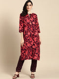All About You Women Purple & Red Floral Printed Regular Kurta with Trousers