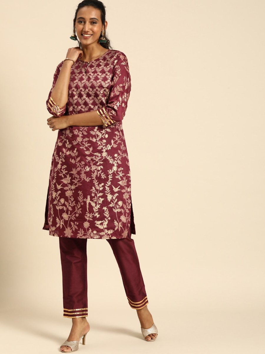 All About You Women Purple & Gold-Toned Ethnic Motifs Printed Regular Kurta with Trousers