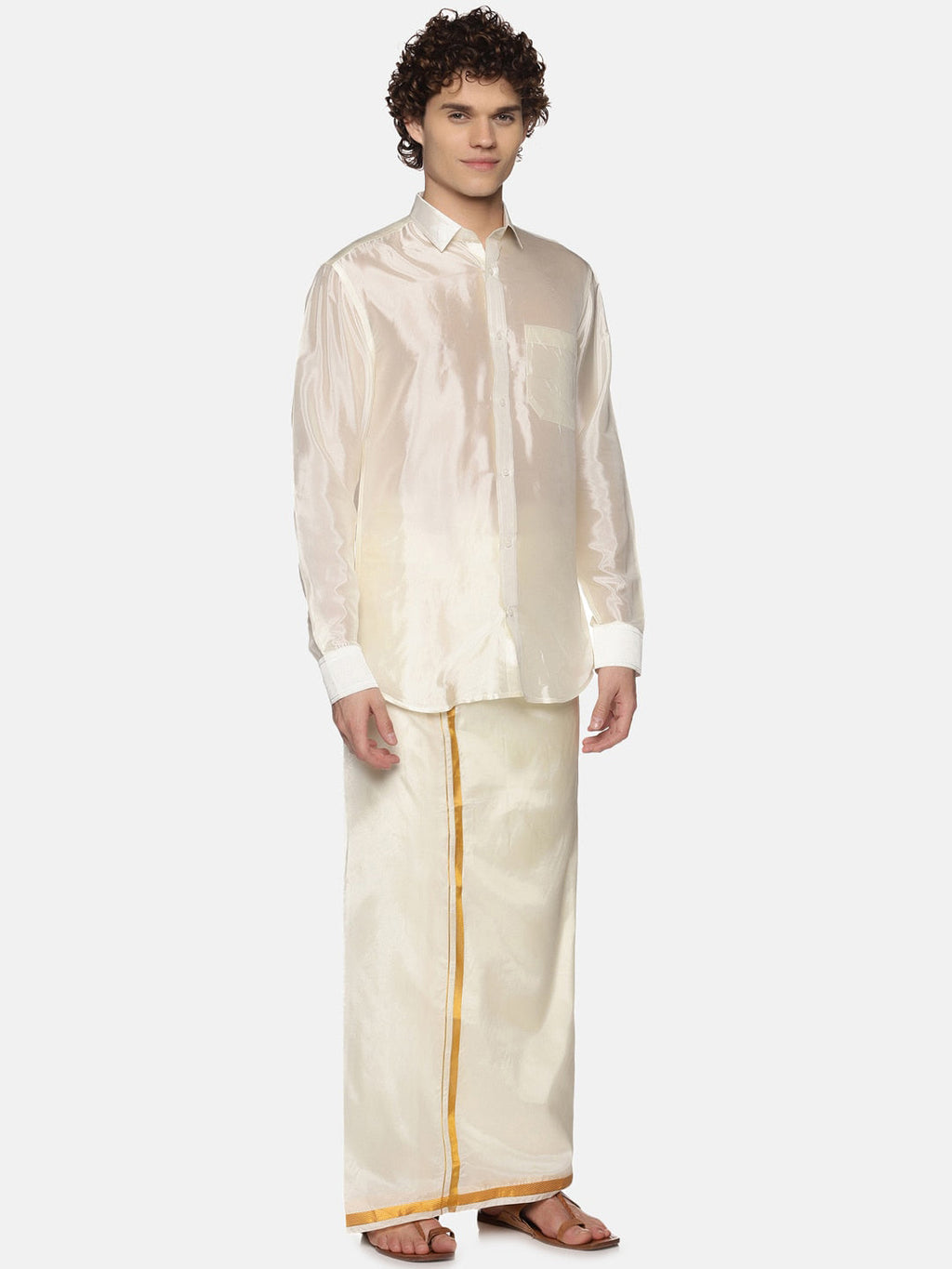 Sethukrishna Men Cream-Coloured Solid Art Silk Dhoti