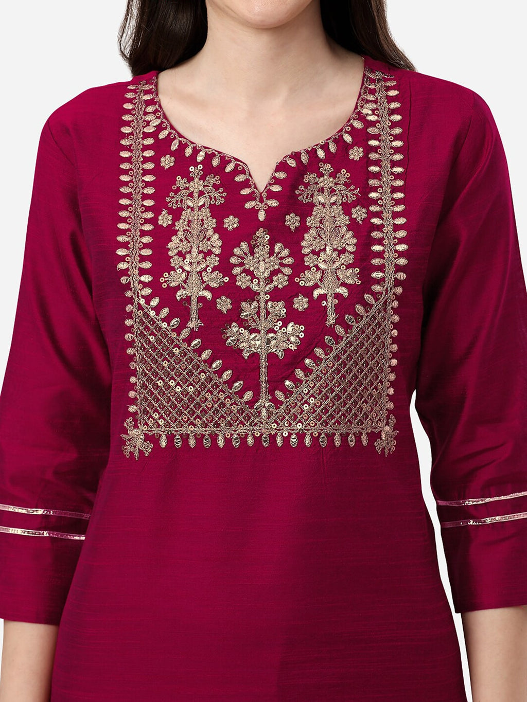 HERE&NOW Women Magenta & Golden Floral Embroidered Kurta