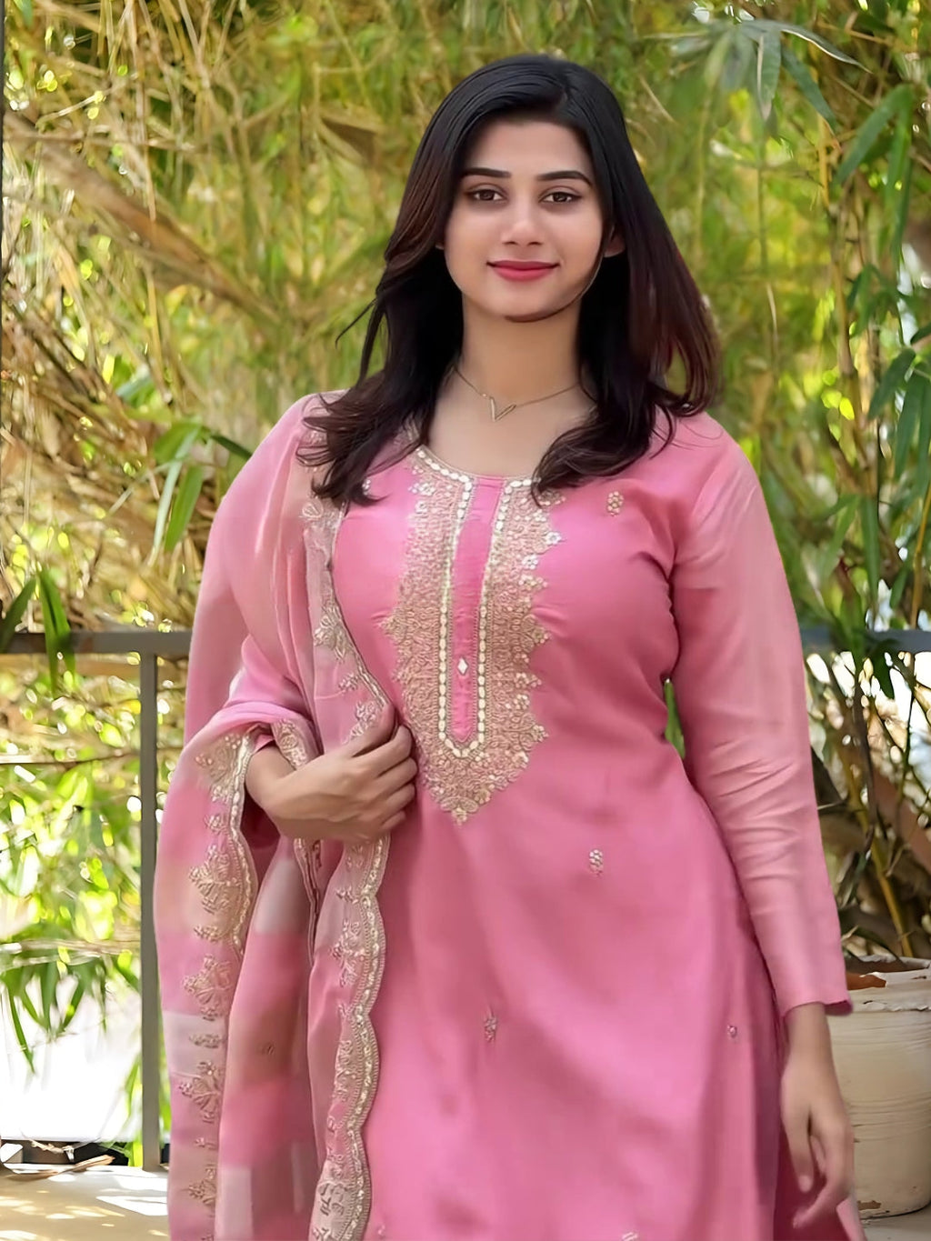 The52 Women's Gorgeous Cotton Blend Embroidery Straight Kurta with Pant And Dupatta Set