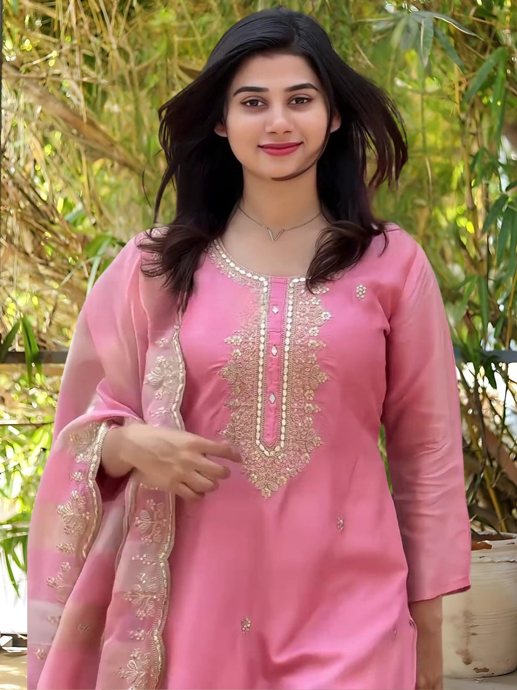 The52 Women's Gorgeous Cotton Blend Embroidery Straight Kurta with Pant And Dupatta Set