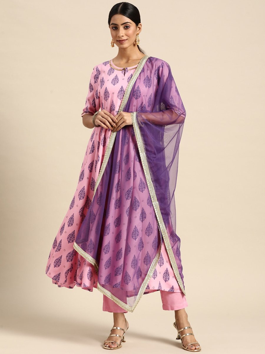 All About You Women Pink Ethnic Motifs Printed Pure Cotton Kurta with Trousers & Dupatta