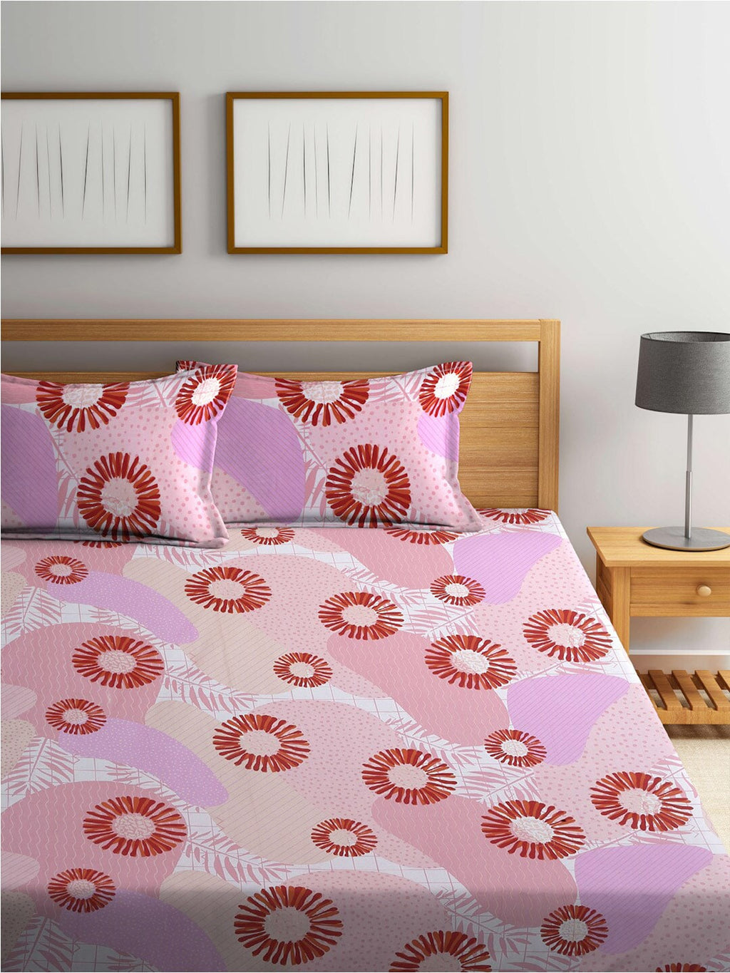 BOMBAY DYEING Serenita Pink Printed Cotton 144 TC Queen Bedsheet with 2 Pillow Covers
