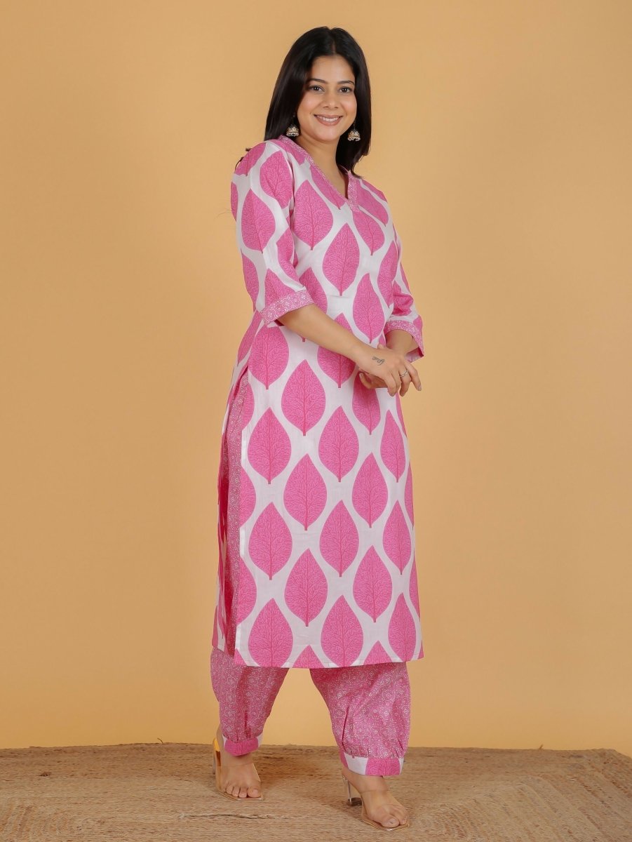 Aramya Pink Soft Cotton Floral Print Straight Kurta Salwar Set for Women
