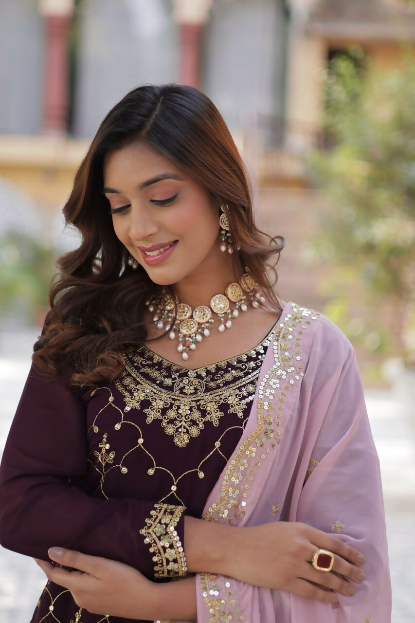 Vastranavya Faux Blooming with Sequins Embroidered Kurti, Palazzo & Dupatta - Maroon
