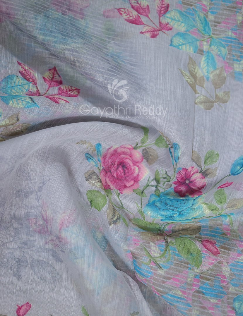 Shades of Light Grey With Floral Print Semi Chanderi Saree By Gayathri Reddy Designer Studio