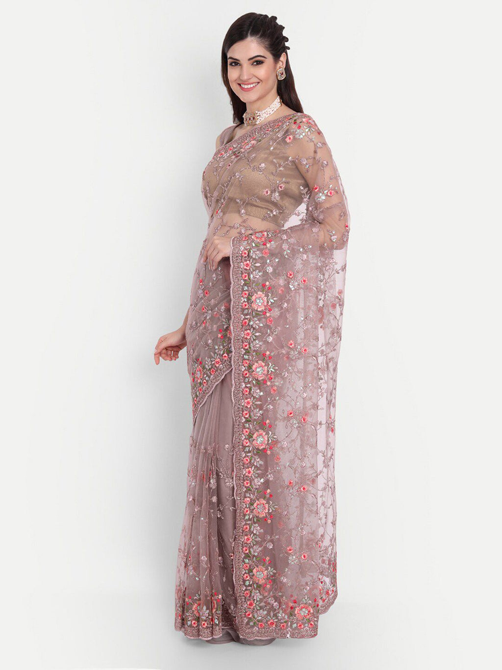 kasee Lavender & Peach-Coloured Floral Embroidered Net Saree