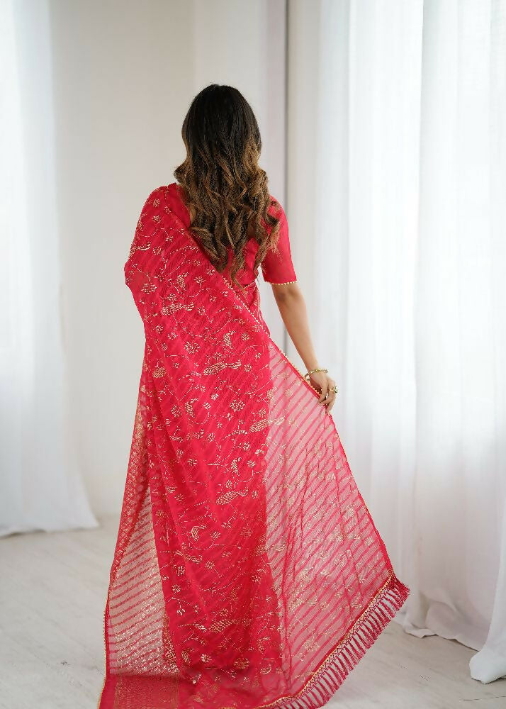PR Fashion Red Georgette Patta Plain With Foil Work And Small Lace And Zalar Lace Saree