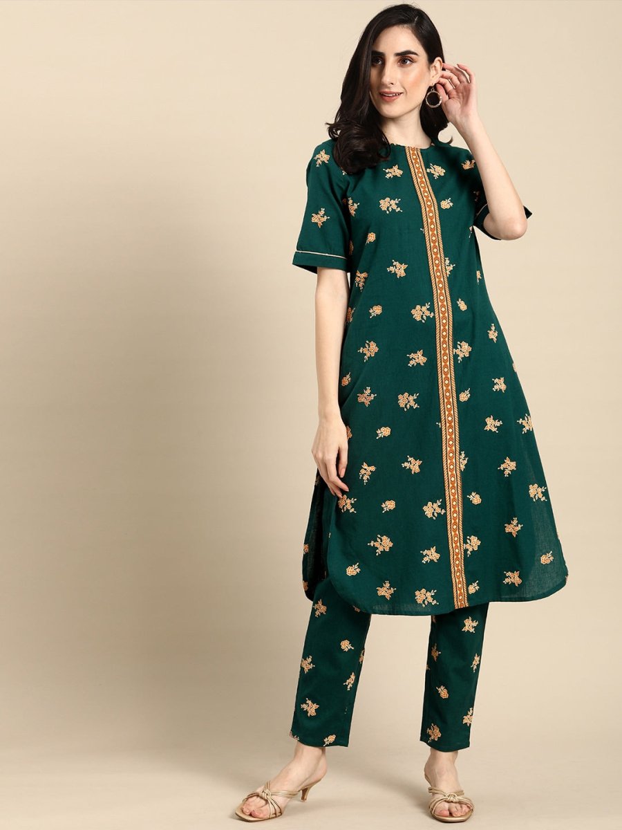 All About You Women Green & Brown Floral Printed Regular Pure Cotton Kurta with Trousers