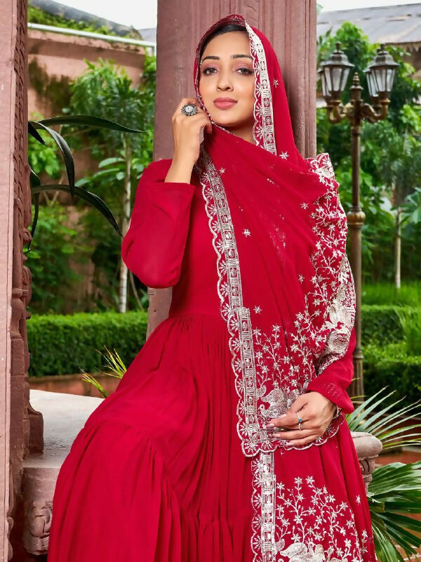 Joban Fashion Red Readymade Kurta Set With Sequence embroidery Work