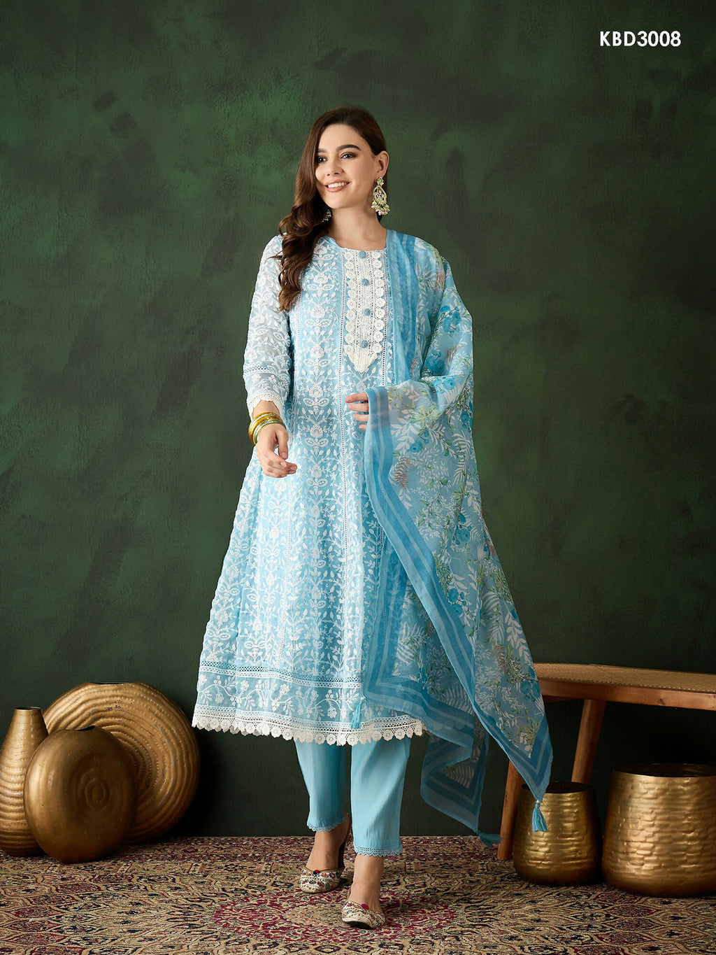 Blue Crystal Organza schiffli embroidery Kurta With Trouser & Dupatta - Bhumi