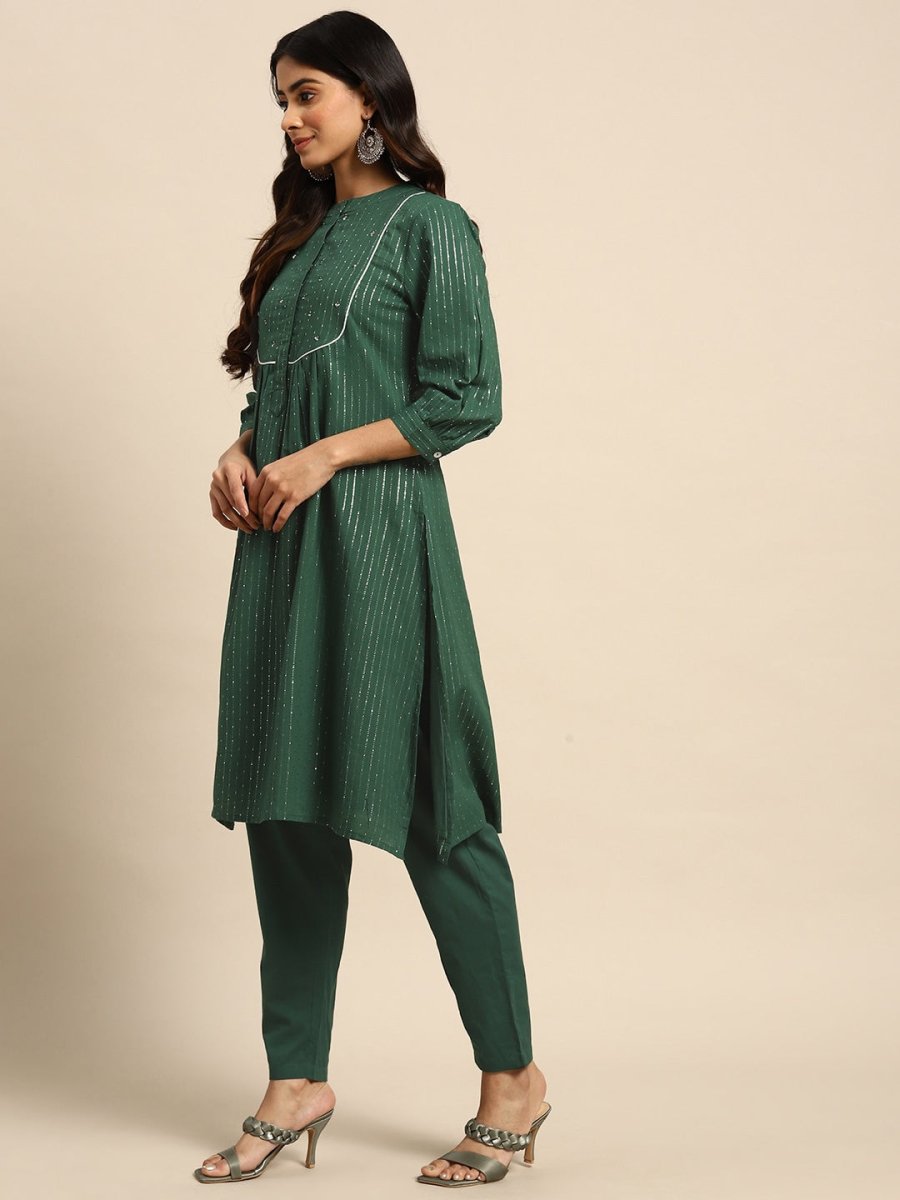 All About You Striped Pleated Sequinned Pure Cotton Kurta with Trousers