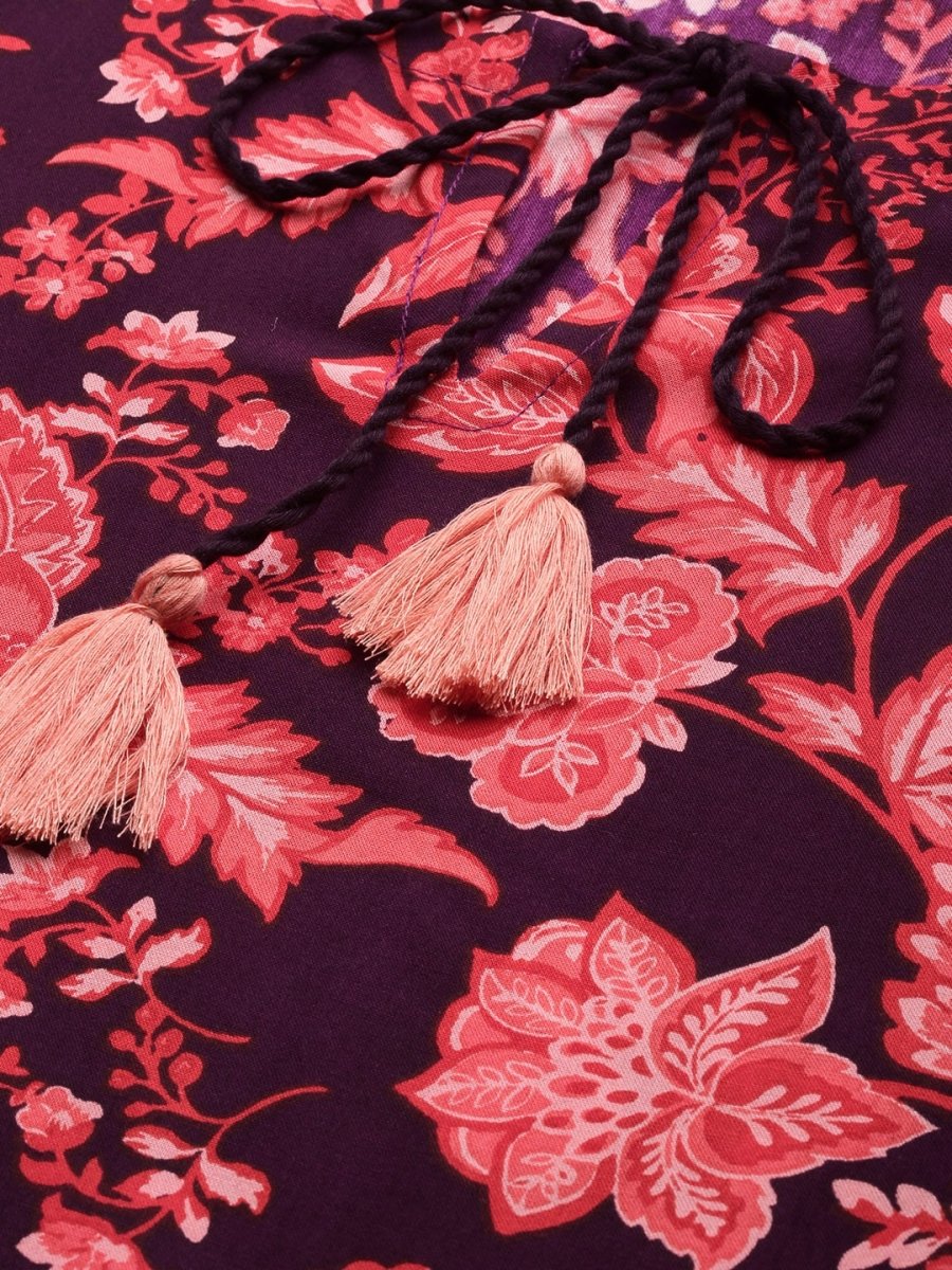 All About You Women Purple & Red Floral Printed Regular Kurta with Trousers