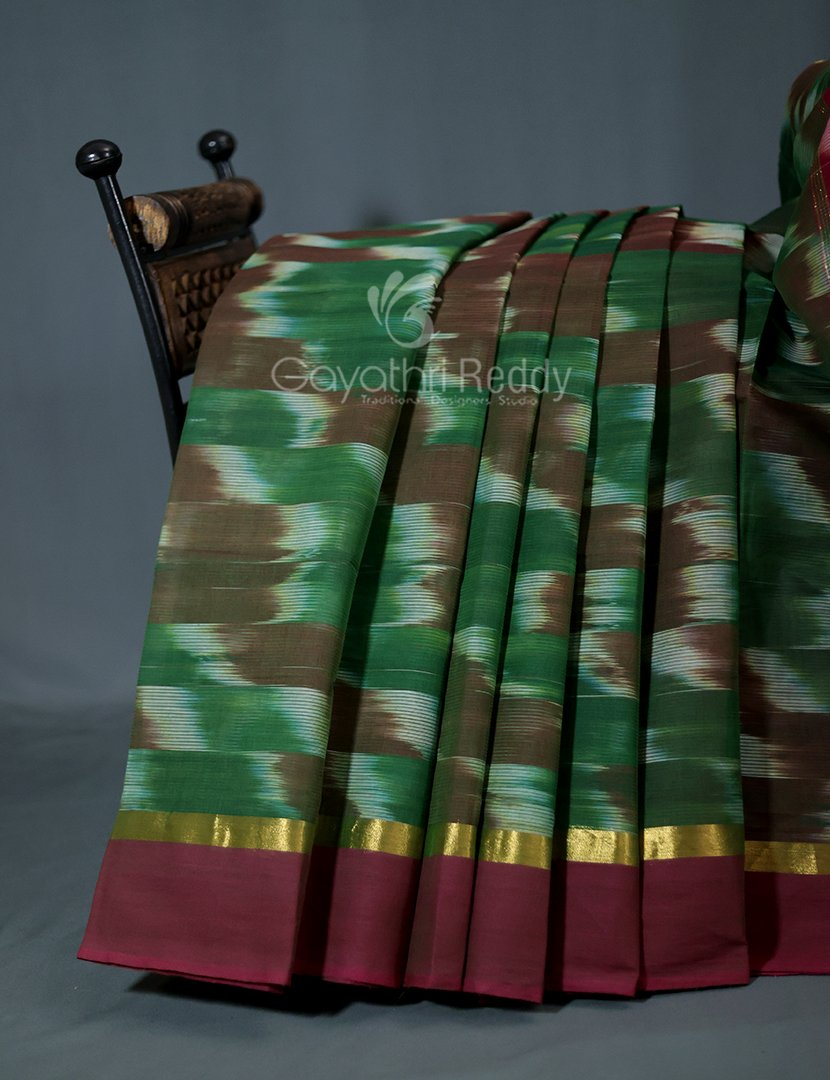 Dual Shades of Bottle Green And Maroon Mangalagiri Ikkat Cotton Saree By Gayathri Reddy Designer Studio