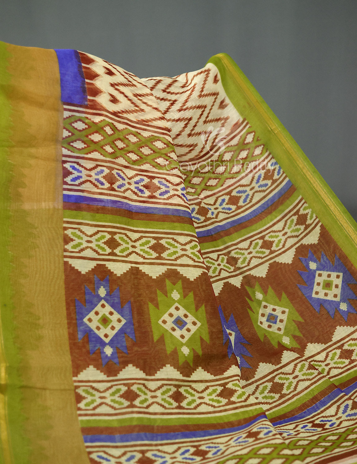 Shades of Light Apple Green And Light Mehndi Green Colour Blouse Ikat Design Semi Chanderi Saree By Gayathri Reddy Designer Studio