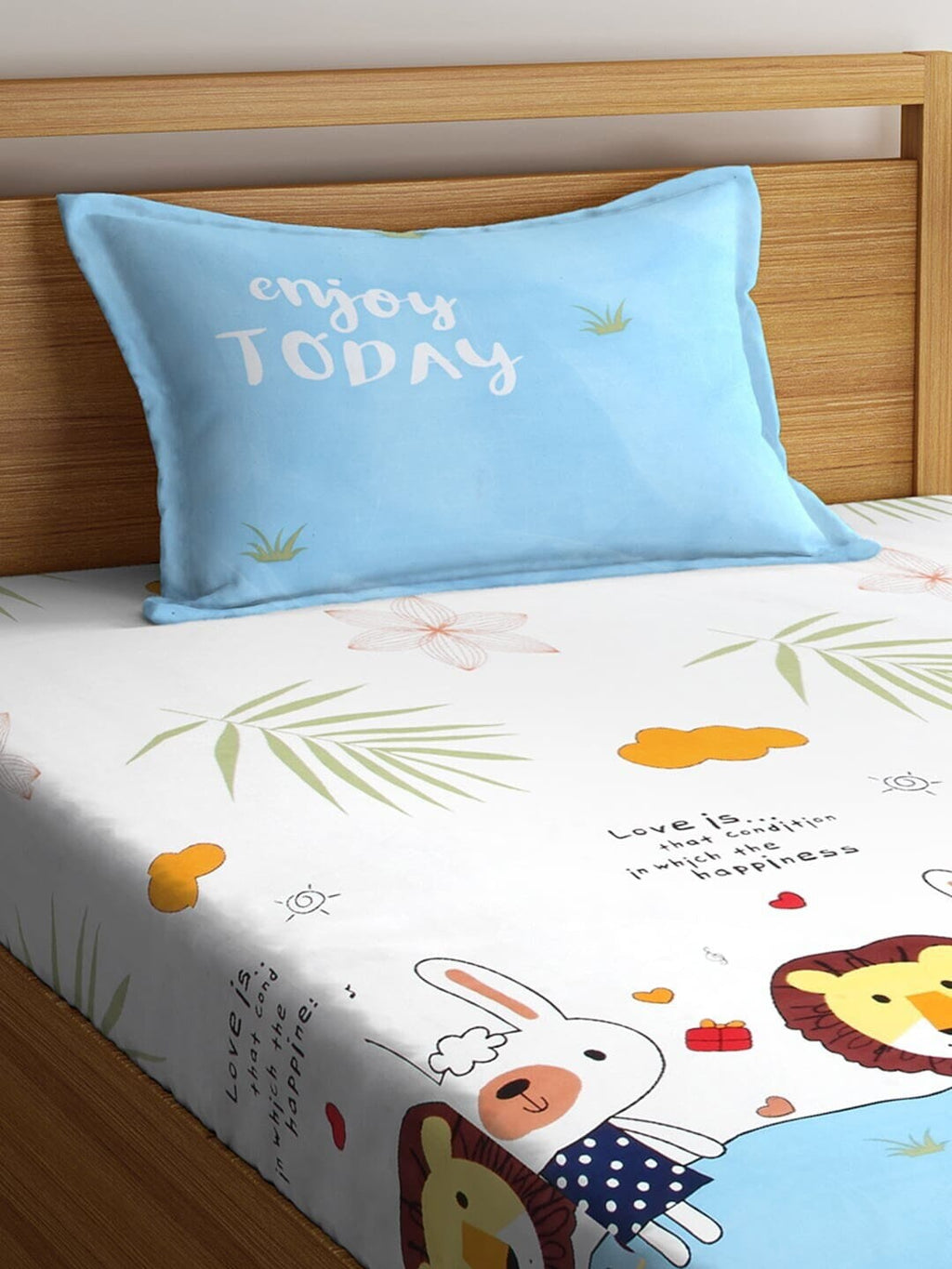 Home Sizzler White & Blue Cartoon Characters 210 TC Single Bedsheet with 1 Pillow Covers