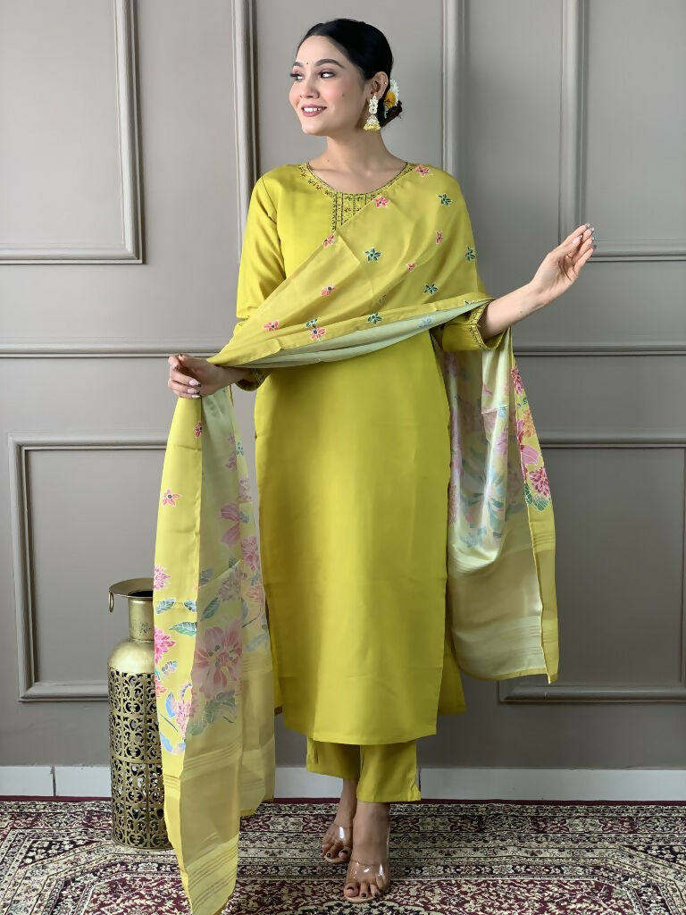 Lemon Viscose chanderi Stitched Suit With Dupatta - Tanisha