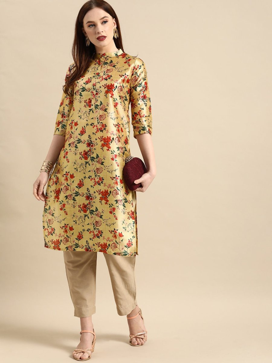 All About You Women Mustard Yellow & Red Floral Print Chanderi Silk Blend Straight Kurta