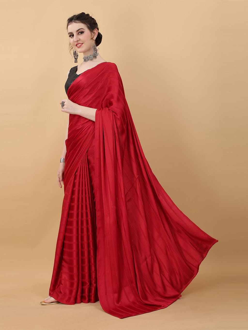 kasee Red & Black Striped Poly Georgette Saree