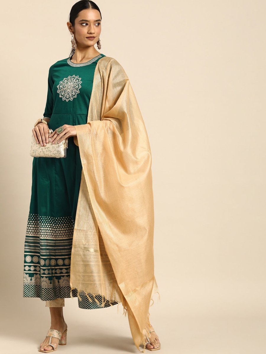 All About You Women Teal Green Embroidered Kurta with Dupatta