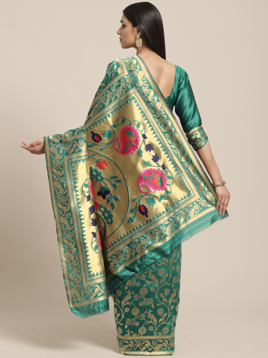 Saree Mall Teal Green & Golden Woven Design Banarasi Saree
