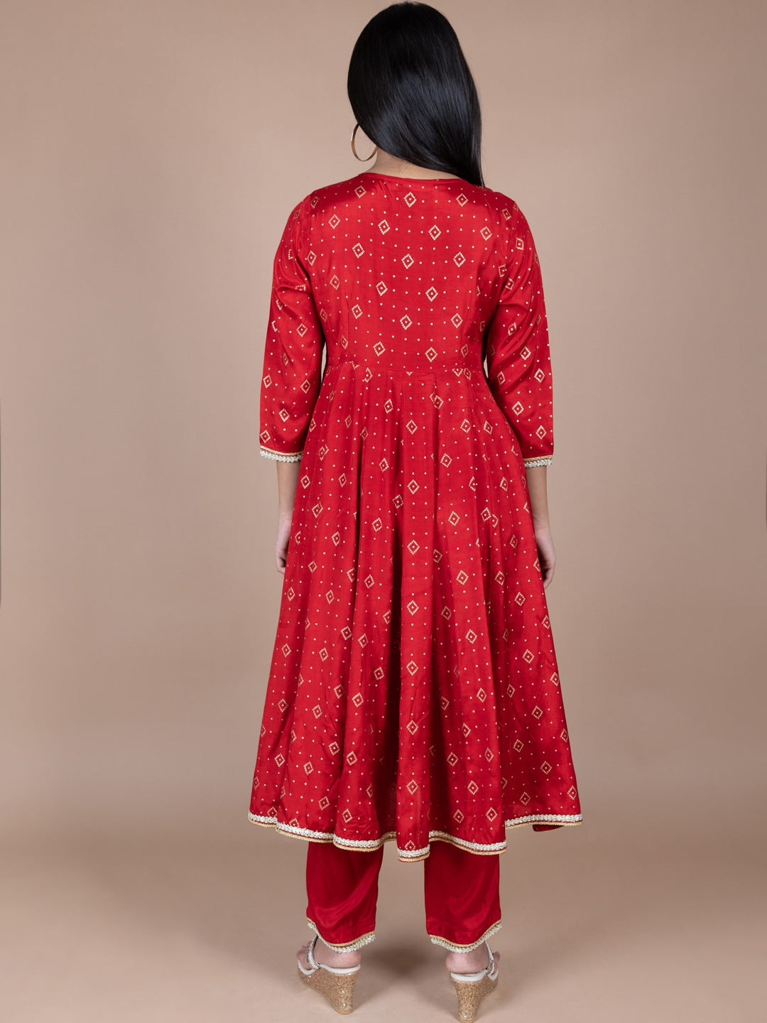 HERE&NOW Red & Beige Ethnic Motifs Printed Angrakha Gotta Patti Kurta with Trousers