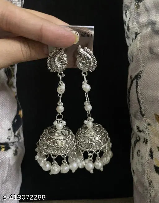 Tehzeeb Creations Women's Silver Colour Oxidised Peacock Design Earrings With White Pearl