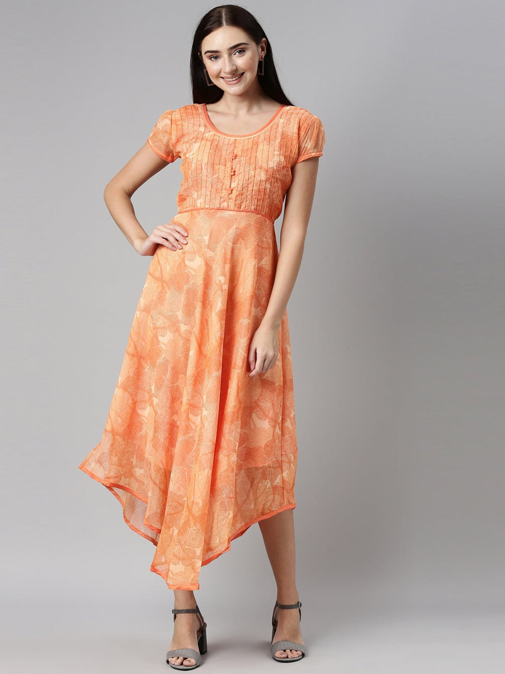 Souchii Orange Floral Chiffon Midi Dress