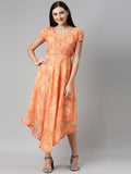 Souchii Orange Floral Chiffon Midi Dress