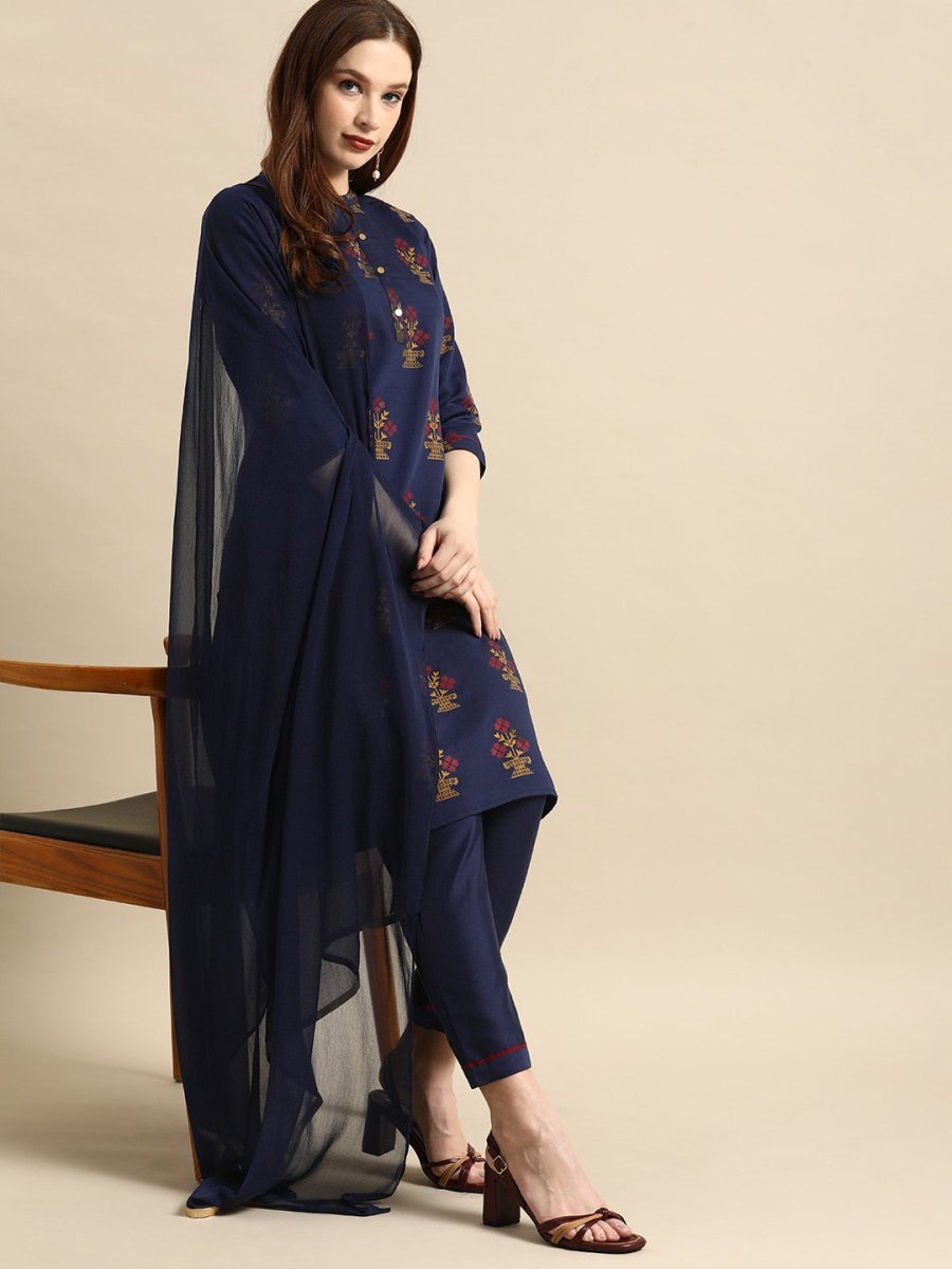All About You Women Navy Blue Ethnic Motifs Printed Kurta with Trousers & With Dupatta