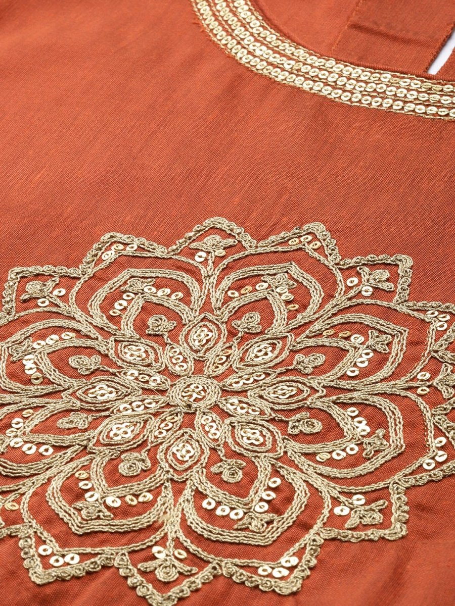 All About You Women Orange& Cream Embroidered Kurta with Dupatta
