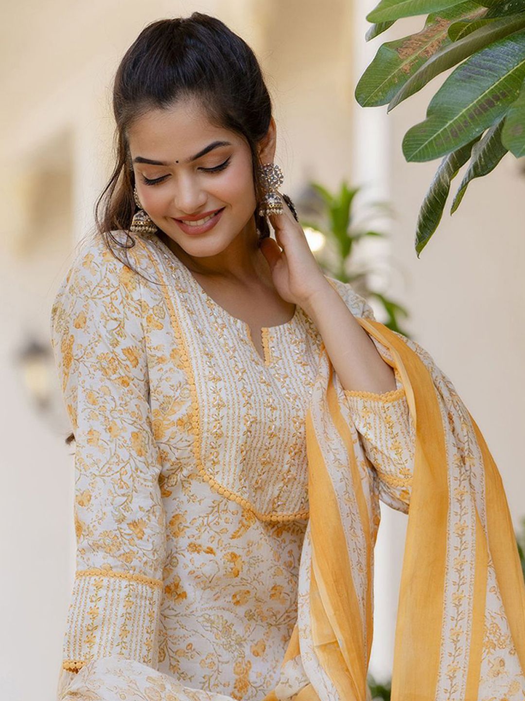 Anouk Women Floral Printed Regular Aari Work Pure Cotton Kurta with Palazzos & With Dupatta