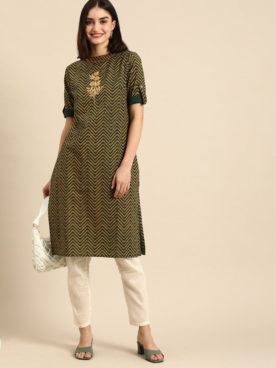 All About You Women Green & Yellow Floral Embroidered Thread Work Pure Cotton Kurta