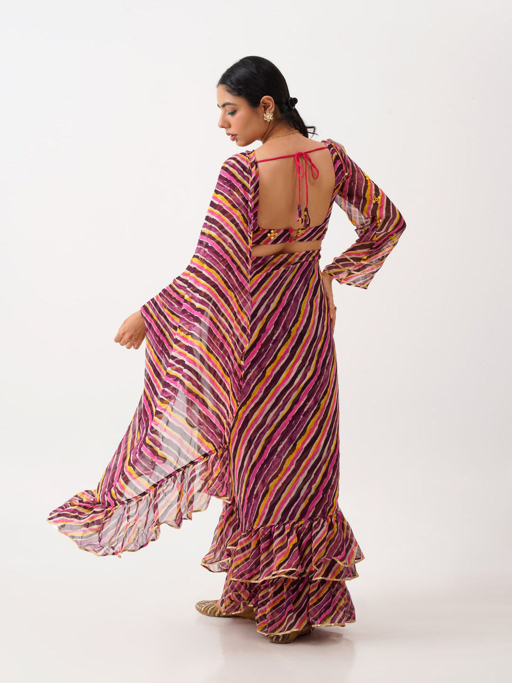 Tikhi Imli Brown Striped Ruffled Ready To Wear Saree