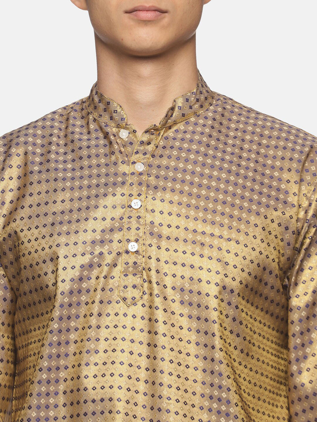 Sethukrishna Men Gold-Toned Bandhani Printed Art Silk Kurta with Dhoti Pants