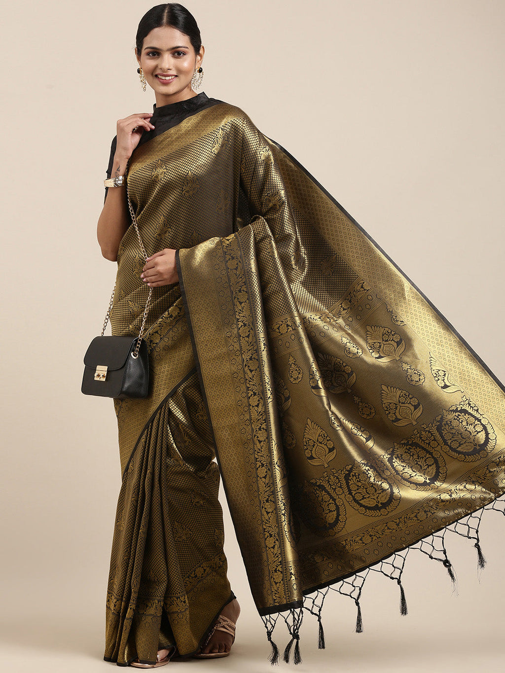 Saree Mall Black & Gold-Toned Ethnic Motifs Zari Silk Blend Banarasi Saree