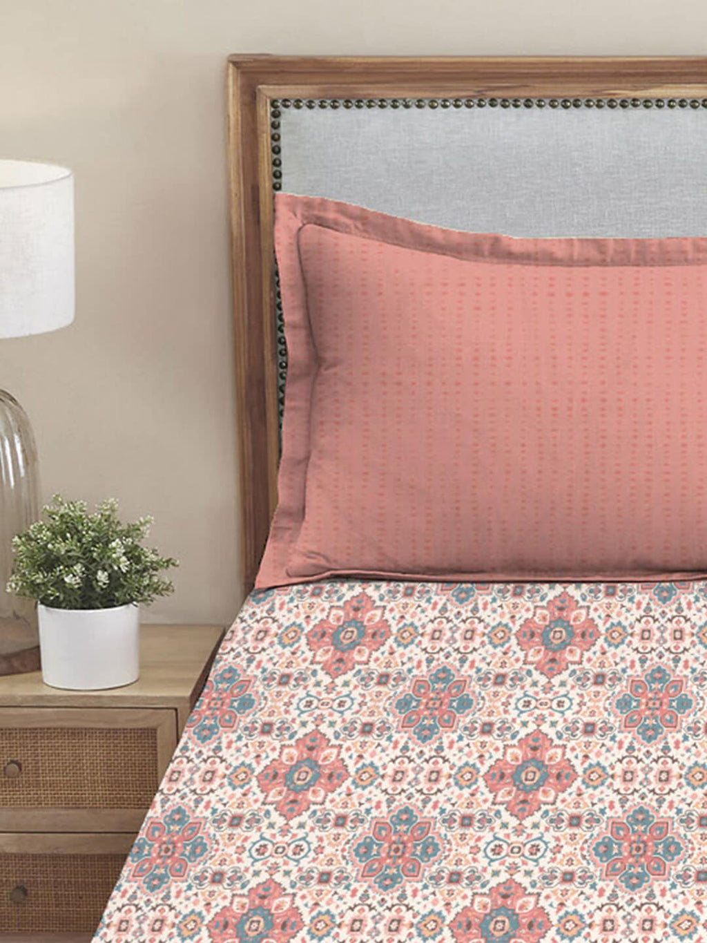 MYTRIDENT Dusk and Dawn Pink Ethnic Motifs Cotton 144 TC Single Bedsheet with 1 Pillow Cover