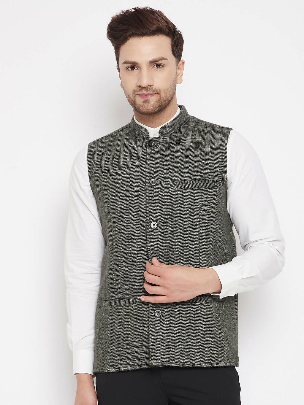 Even Apparels Green Wool Men Woven Nehru Jacket