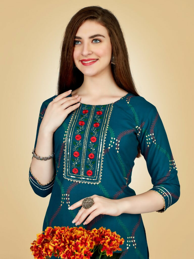 Jyoti Fashion Women's Teal Viscose Rayon Embroidered Kurta Pant Set